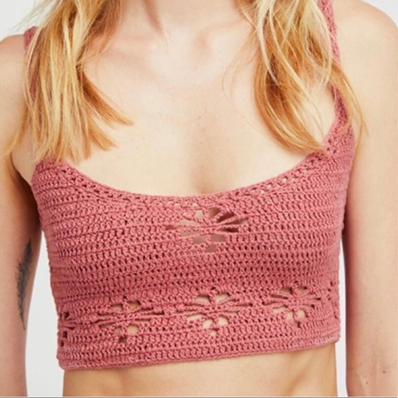 Free People Tops - Free People Pink Knit Crochet Crop Tank Top